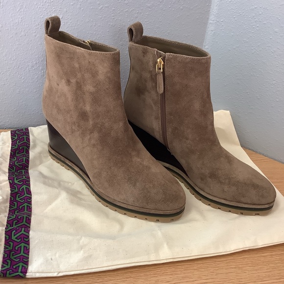 Tory Burch “Suede Logo Lug Sole Wedge Boot” - Picture 2 of 13